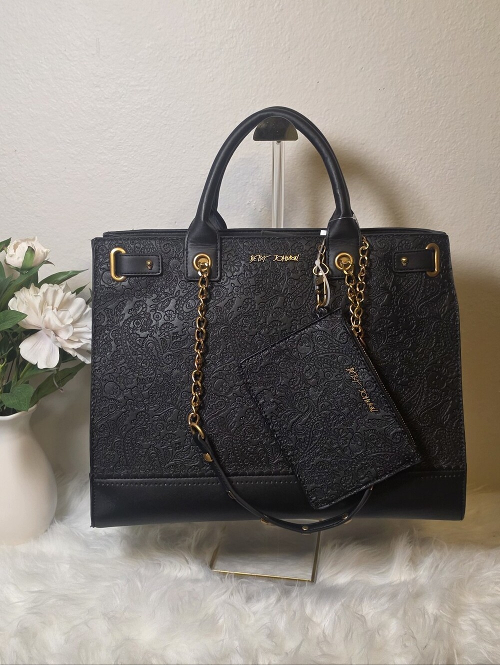 NWT Betsey Johnson XOKIARA Black Embossed Sugar Skull Paisley Tote Bag Wristlet